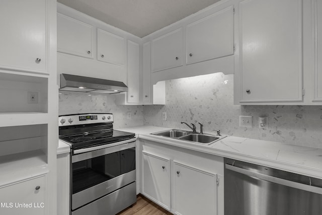 kitchen featuring sink, stainless steel appliances, wall chimney exhaust hood, white cabinets, and light hardwood / wood-style flooring