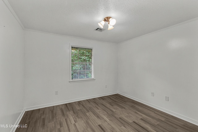 unfurnished room featuring crown molding, a textured ceiling, and hardwood / wood-style flooring