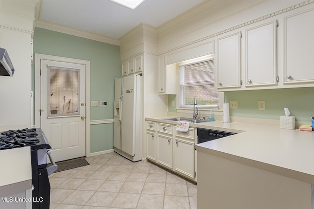 20 Peachtree Ln, Madison, MS 39110 - kitchen featuring white fridge with ice dispenser, ornamental molding, light countertops, white cabinetry, and light tile patterned floors