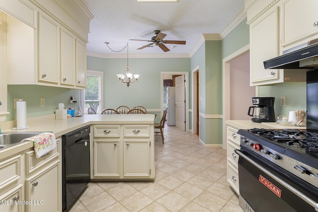 20 Peachtree Ln, Madison, MS 39110 - kitchen featuring black dishwasher, a peninsula, a ceiling fan, range with gas stovetop, and cream cabinets