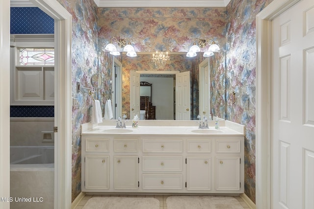 20 Peachtree Ln, Madison, MS 39110 - full bathroom with wallpapered walls, double vanity, and tile patterned floors