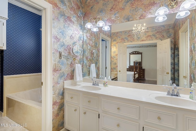 20 Peachtree Ln, Madison, MS 39110 - bathroom featuring wallpapered walls, double vanity, a garden tub, and a chandelier