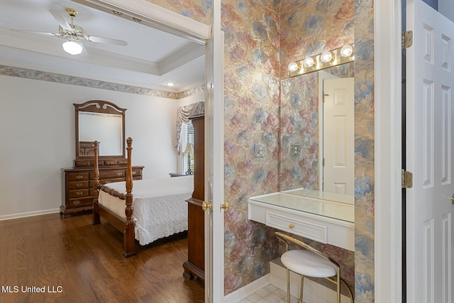 20 Peachtree Ln, Madison, MS 39110 - bedroom featuring crown molding, wood finished floors, ceiling fan, and a raised ceiling