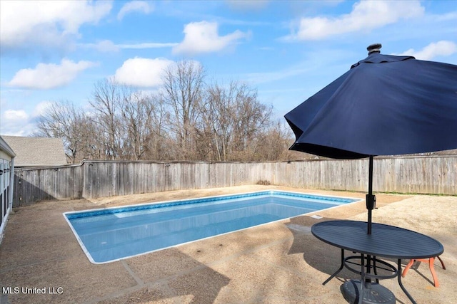 view of swimming pool with a patio area, a fenced backyard, and a fenced in pool