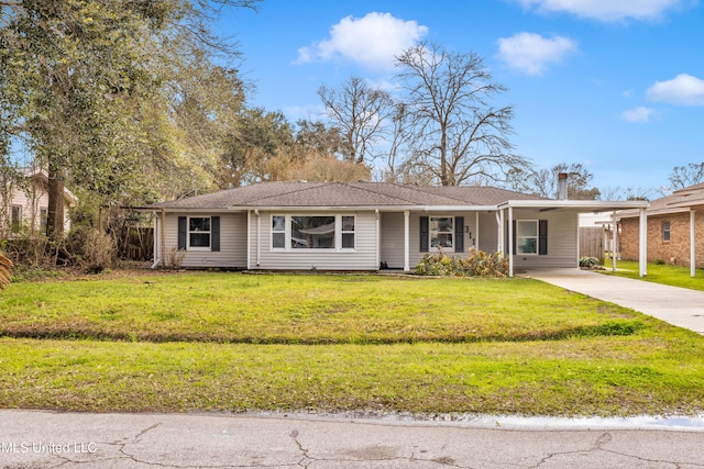 single story home with an attached carport, concrete driveway, and a front lawn