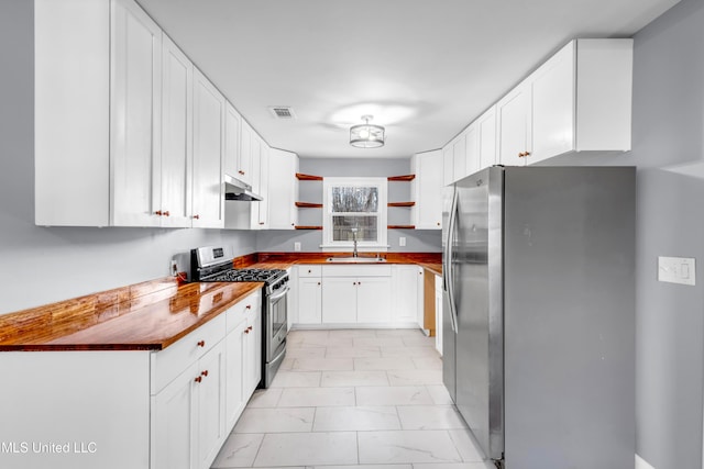 kitchen with white cabinets, appliances with stainless steel finishes, under cabinet range hood, open shelves, and a sink