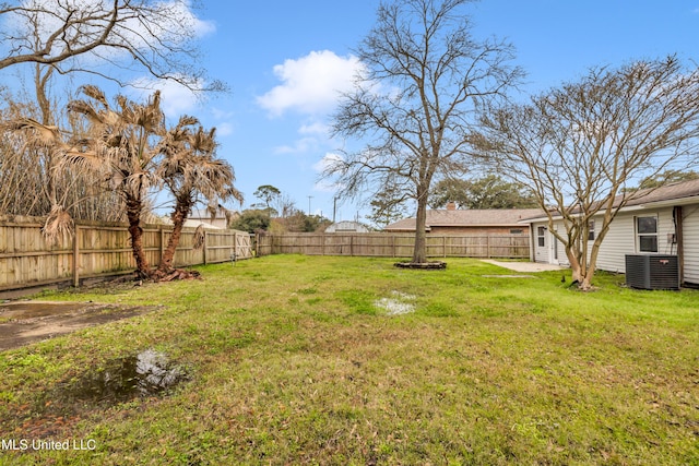 view of yard featuring a fenced backyard and central air condition unit