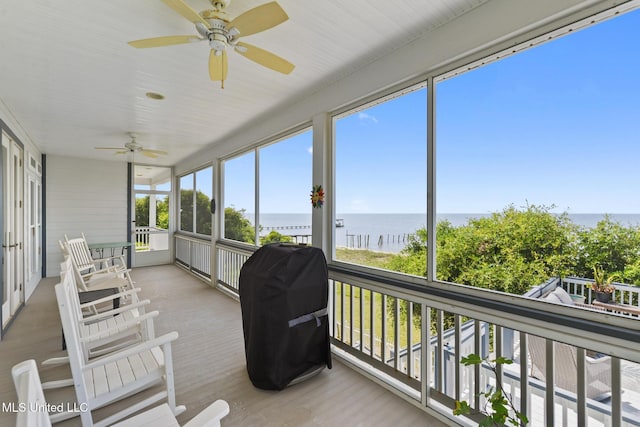 7101 Belle Fontaine Dr, Ocean Springs, MS 39564 - sunroom / solarium featuring a water view and a ceiling fan