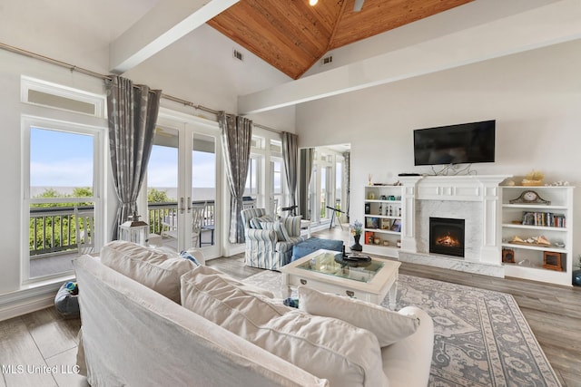 7101 Belle Fontaine Dr, Ocean Springs, MS 39564 - living room featuring wood ceiling, french doors, healthy amount of natural light, wood finished floors, and a high end fireplace