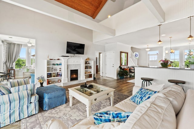 7101 Belle Fontaine Dr, Ocean Springs, MS 39564 - living area with wood ceiling, a high end fireplace, and wood finished floors