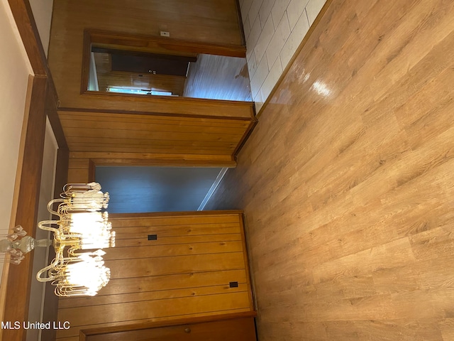 hallway featuring wood walls