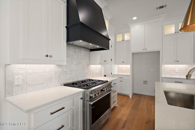 125 Water St, Madison, MS 39110 - kitchen featuring high end stove, premium range hood, light wood-style flooring, white cabinets, and recessed lighting