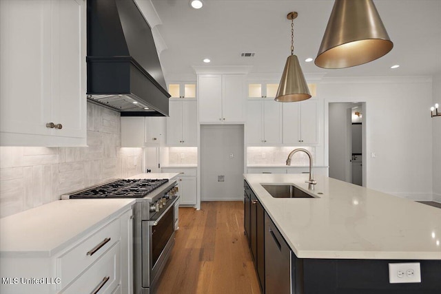 125 Water St, Madison, MS 39110 - kitchen with stainless steel appliances, custom range hood, light wood finished floors, a center island with sink, and backsplash