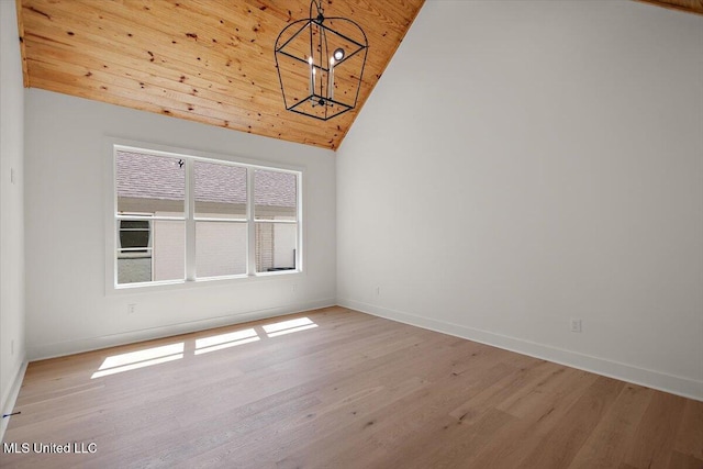 125 Water St, Madison, MS 39110 - unfurnished room with lofted ceiling, a chandelier, wood finished floors, and wooden ceiling