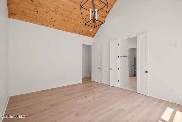 125 Water St, Madison, MS 39110 - unfurnished bedroom featuring a chandelier, high vaulted ceiling, light wood-type flooring, and wooden ceiling
