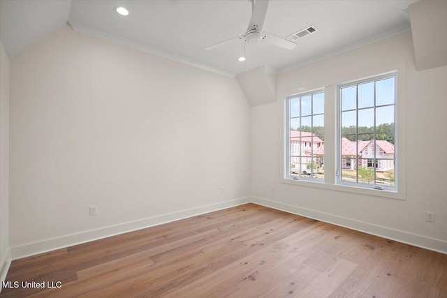 125 Water St, Madison, MS 39110 - unfurnished room featuring ornamental molding, recessed lighting, light wood-style floors, ceiling fan, and lofted ceiling