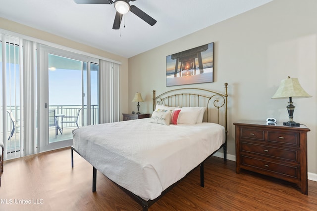 bedroom featuring hardwood / wood-style floors, ceiling fan, and access to exterior