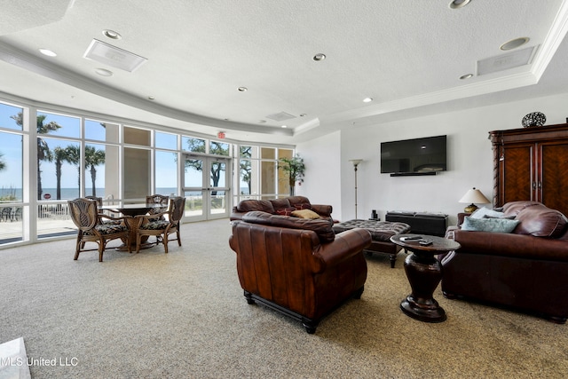 carpeted living room featuring a tray ceiling, a healthy amount of sunlight, and a textured ceiling