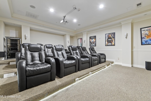 carpeted home theater featuring a raised ceiling and crown molding