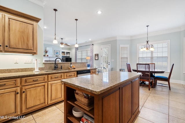 kitchen with light tile patterned floors, open shelves, ornamental molding, a sink, and dishwashing machine