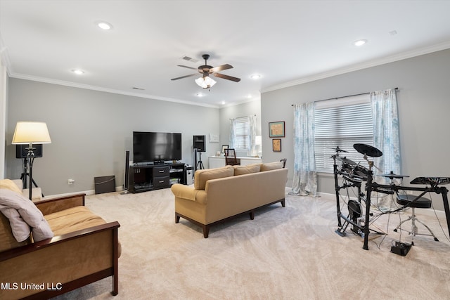 living area featuring baseboards, ornamental molding, recessed lighting, and light colored carpet