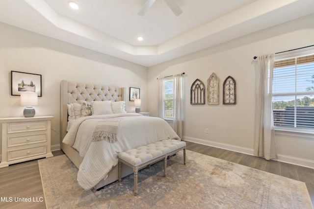 2918 Juliette Dr, Ocean Springs, MS 39564 - bedroom featuring wood finished floors, baseboards, a tray ceiling, recessed lighting, and a ceiling fan