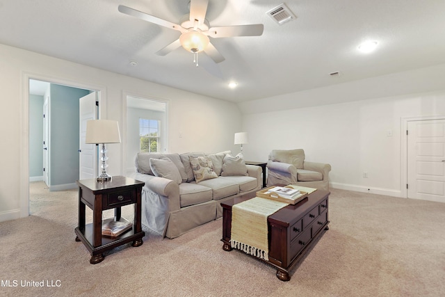 2918 Juliette Dr, Ocean Springs, MS 39564 - living room featuring light carpet, a ceiling fan, baseboards, and recessed lighting