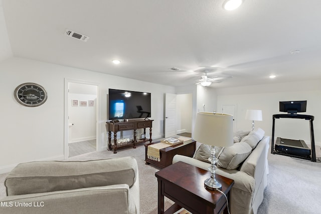 2918 Juliette Dr, Ocean Springs, MS 39564 - living area featuring light carpet, ceiling fan, baseboards, and recessed lighting