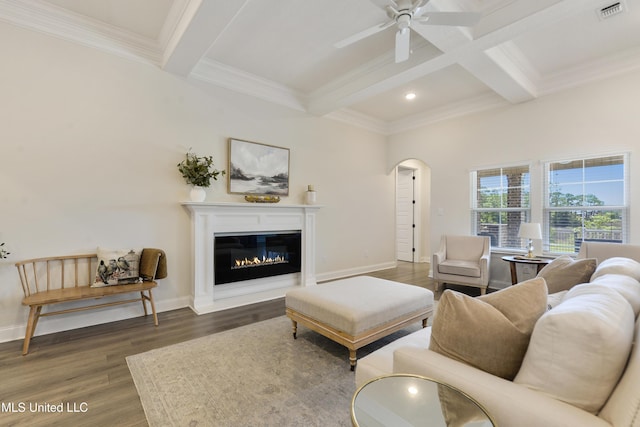 2918 Juliette Dr, Ocean Springs, MS 39564 - living room with beamed ceiling, arched walkways, wood finished floors, a ceiling fan, and recessed lighting