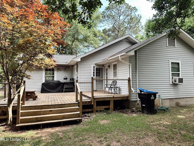 90 Holmes St, Lucedale, MS 39452 - back of house with cooling unit, a wooden deck, a shingled roof, and a lawn