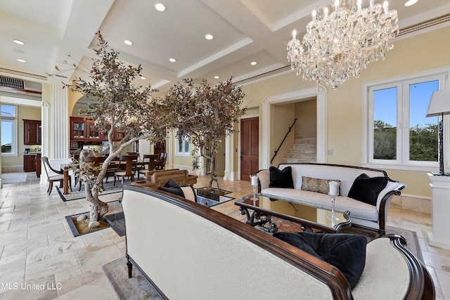 living room featuring a wealth of natural light, stone tile flooring, coffered ceiling, and stairs