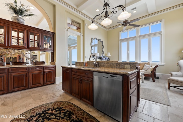 kitchen featuring a sink, stone tile flooring, coffered ceiling, and dishwasher