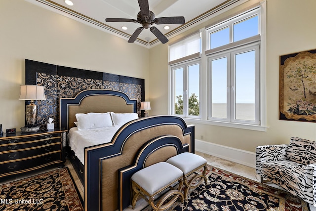 bedroom with ceiling fan, recessed lighting, and baseboards