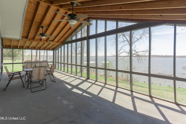 95 Nesting Site, Vicksburg, MS 39183 - unfurnished sunroom with vaulted ceiling, a ceiling fan, a water view, and a wealth of natural light
