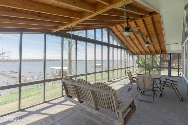 95 Nesting Site, Vicksburg, MS 39183 - sunroom featuring vaulted ceiling, a ceiling fan, and a water view