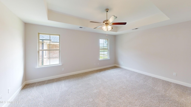 carpeted spare room featuring ceiling fan, a healthy amount of sunlight, and a raised ceiling