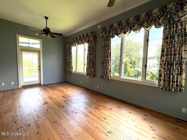 unfurnished room featuring ceiling fan and light hardwood / wood-style floors