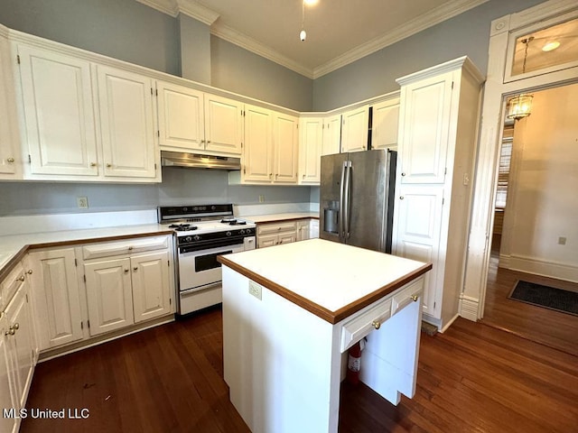 kitchen featuring white range oven, white cabinets, and stainless steel refrigerator with ice dispenser