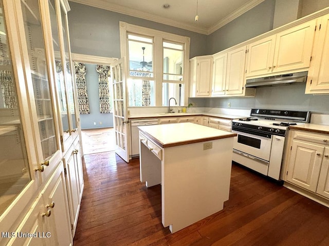 kitchen featuring dark wood-type flooring, sink, stainless steel dishwasher, a kitchen island, and range