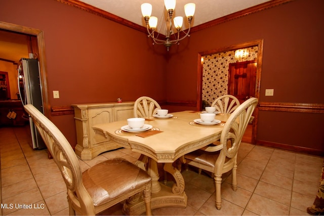 tiled dining area with ornamental molding and an inviting chandelier