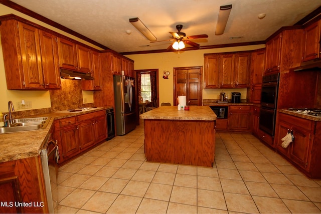 kitchen featuring a kitchen island, sink, light tile patterned flooring, black appliances, and ceiling fan