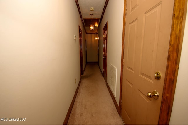 corridor with light colored carpet