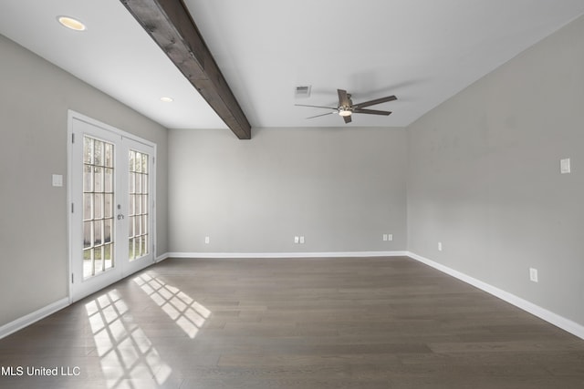 empty room with french doors, dark wood-type flooring, ceiling fan, and beam ceiling