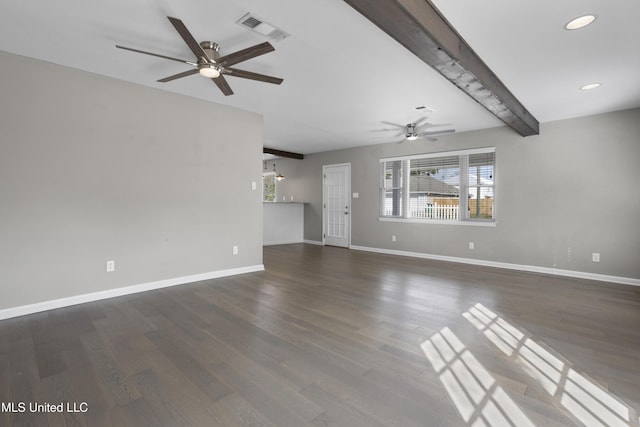 unfurnished living room featuring ceiling fan, dark hardwood / wood-style floors, and beamed ceiling