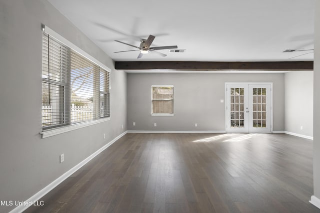 unfurnished room with french doors, dark wood-type flooring, ceiling fan, and beam ceiling