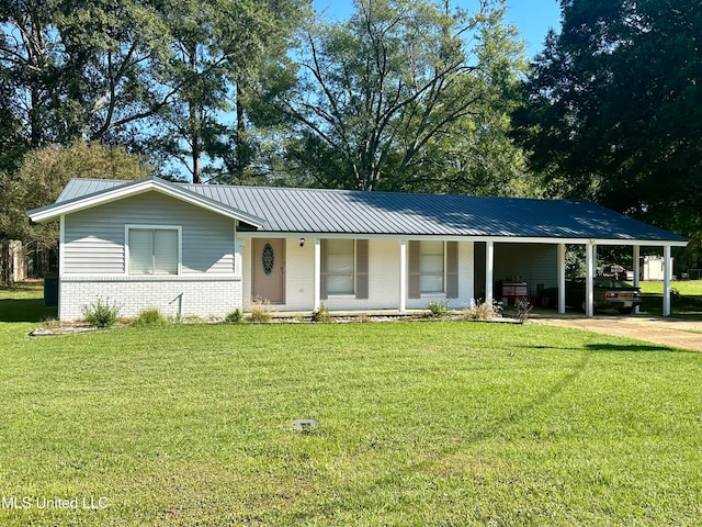 ranch-style home with a porch, a front lawn, and a carport