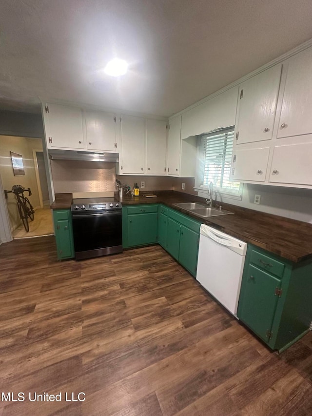 kitchen featuring dishwasher, dark wood-type flooring, sink, stove, and white cabinets