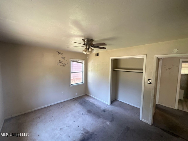 unfurnished bedroom with a closet, ceiling fan, and carpet floors