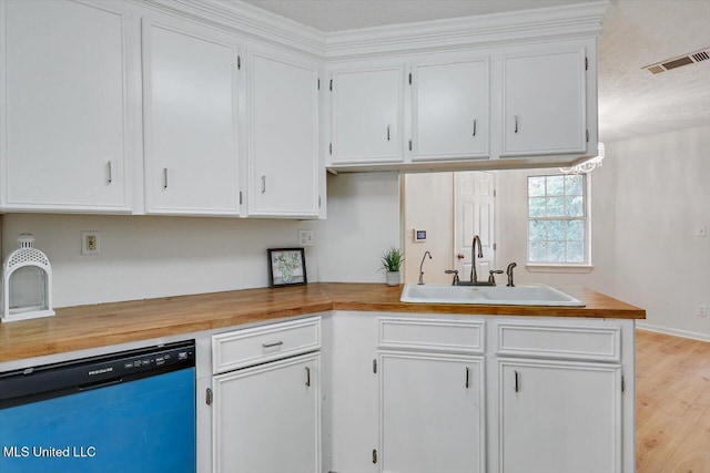 602 Hathaway Dr, Clinton, MS 39056 - kitchen with dishwasher, white cabinets, wood counters, and light wood-type flooring