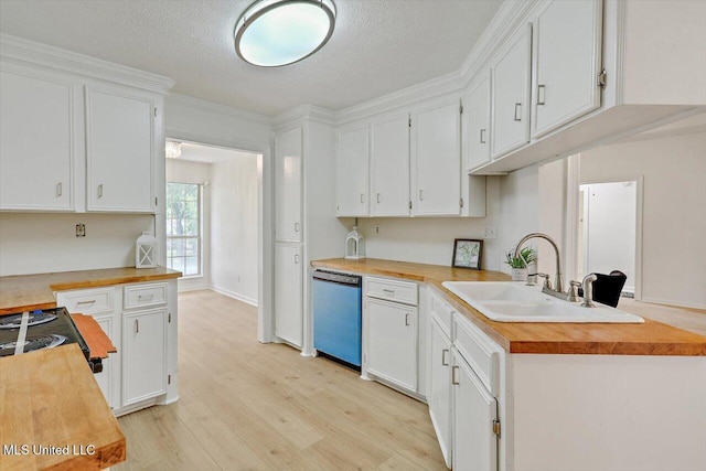 602 Hathaway Dr, Clinton, MS 39056 - kitchen featuring dishwasher, wooden counters, light wood-type flooring, white cabinetry, and a textured ceiling